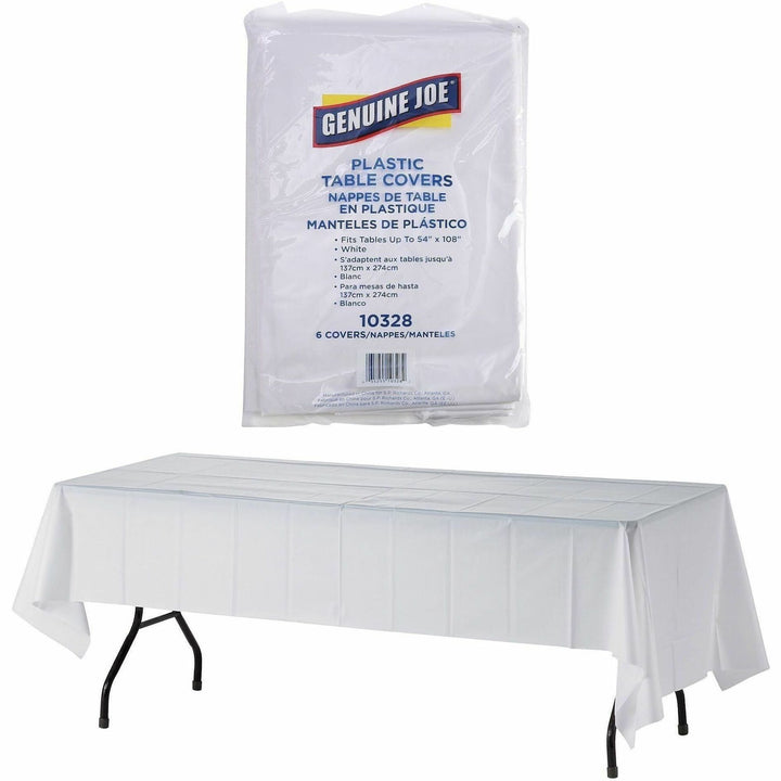 Image of Genuine Joe Table Covers, Plastic, 54"x108", 6/PK, White