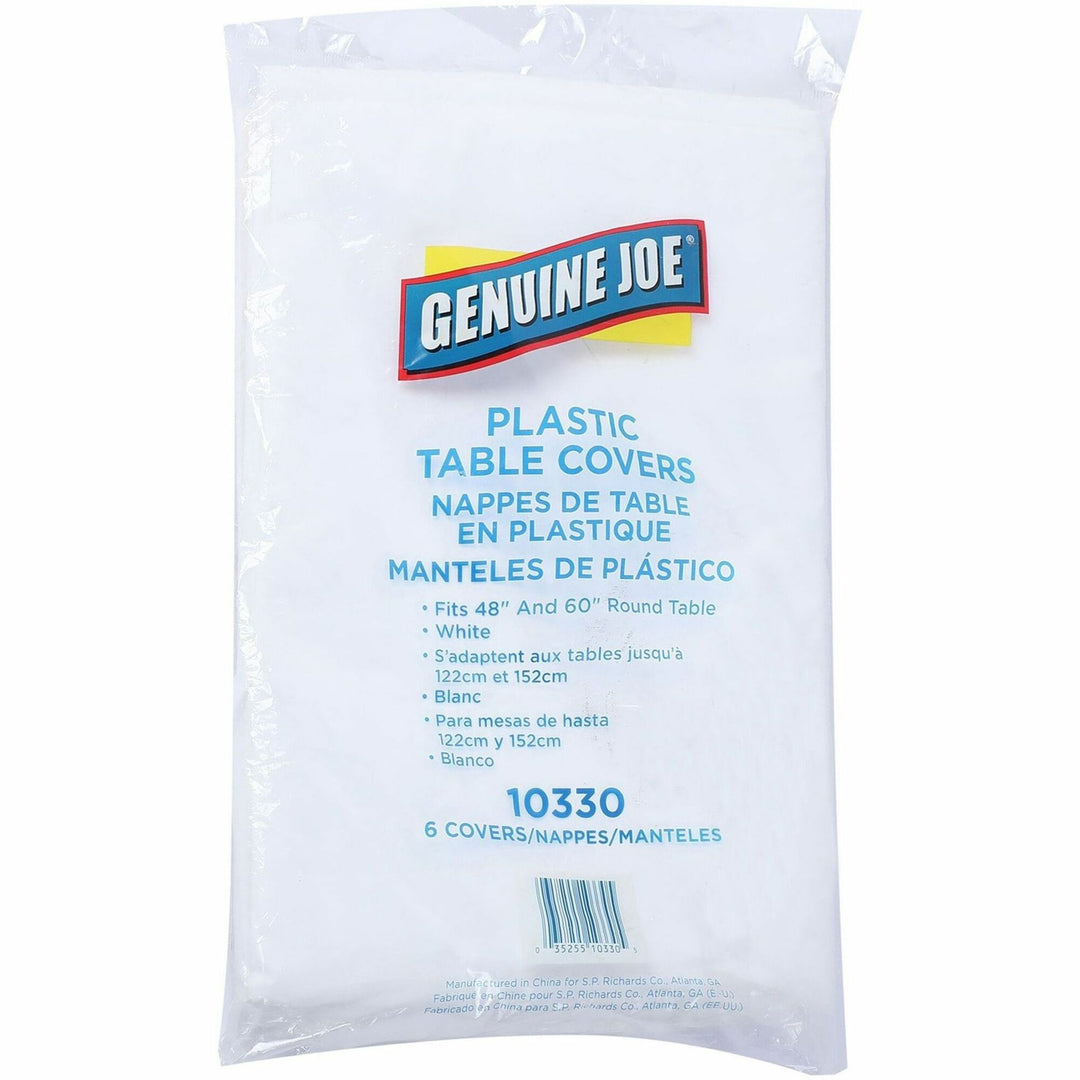Image of Genuine Joe 10330 Plastic Round Tablecovers, 84" Diameter, Plastic, White, 6 / Pack