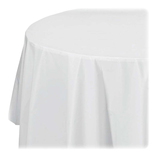 Image of Genuine Joe 10330 Plastic Round Tablecovers, 84" Diameter, Plastic, White, 6 / Pack