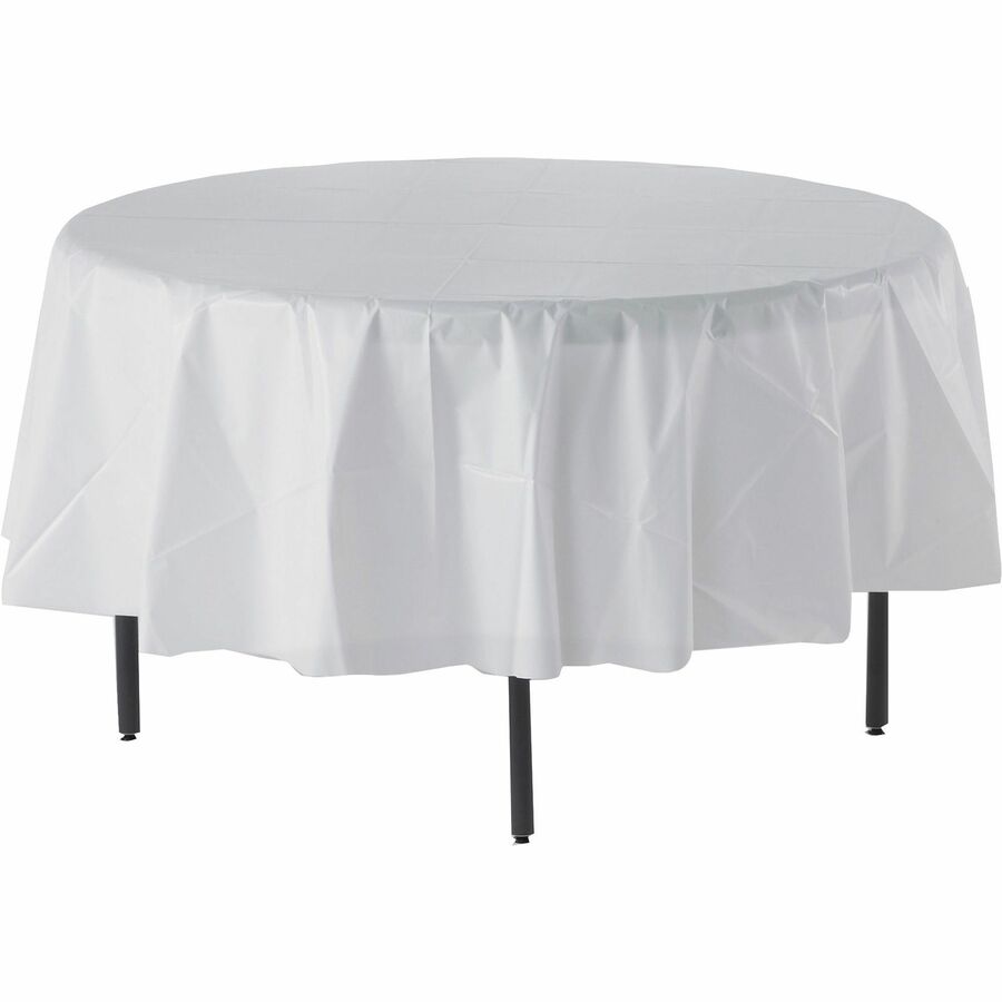 Image of Genuine Joe 10330 Plastic Round Tablecovers, 84" Diameter, Plastic, White, 6 / Pack