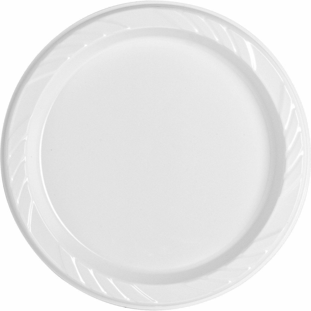 Image of Genuine Joe 10329 9" Reusable Plastic Plates, Serving, Disposable, 9" Diameter, White, Plastic Body, 125 / Pack