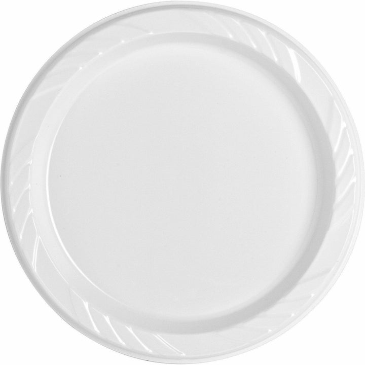 Image of Genuine Joe 10329 9" Reusable Plastic Plates, Serving, Disposable, 9" Diameter, White, Plastic Body, 125 / Pack