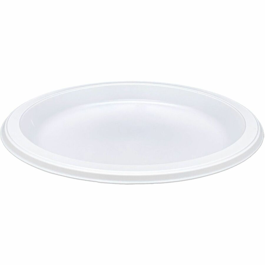 Image of Genuine Joe 10329 9" Reusable Plastic Plates, Serving, Disposable, 9" Diameter, White, Plastic Body, 125 / Pack