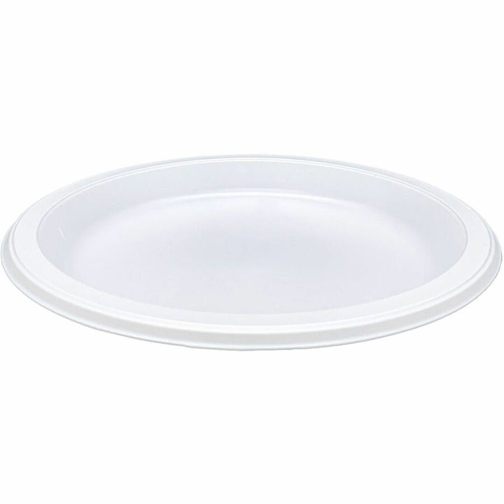 Image of Genuine Joe 10329 9" Reusable Plastic Plates, Serving, Disposable, 9" Diameter, White, Plastic Body, 125 / Pack
