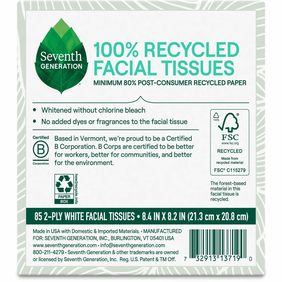 Image of Seventh Generation 13719 100% Recycled Facial Tissues, 2 Ply, White, Paper, 1 Box