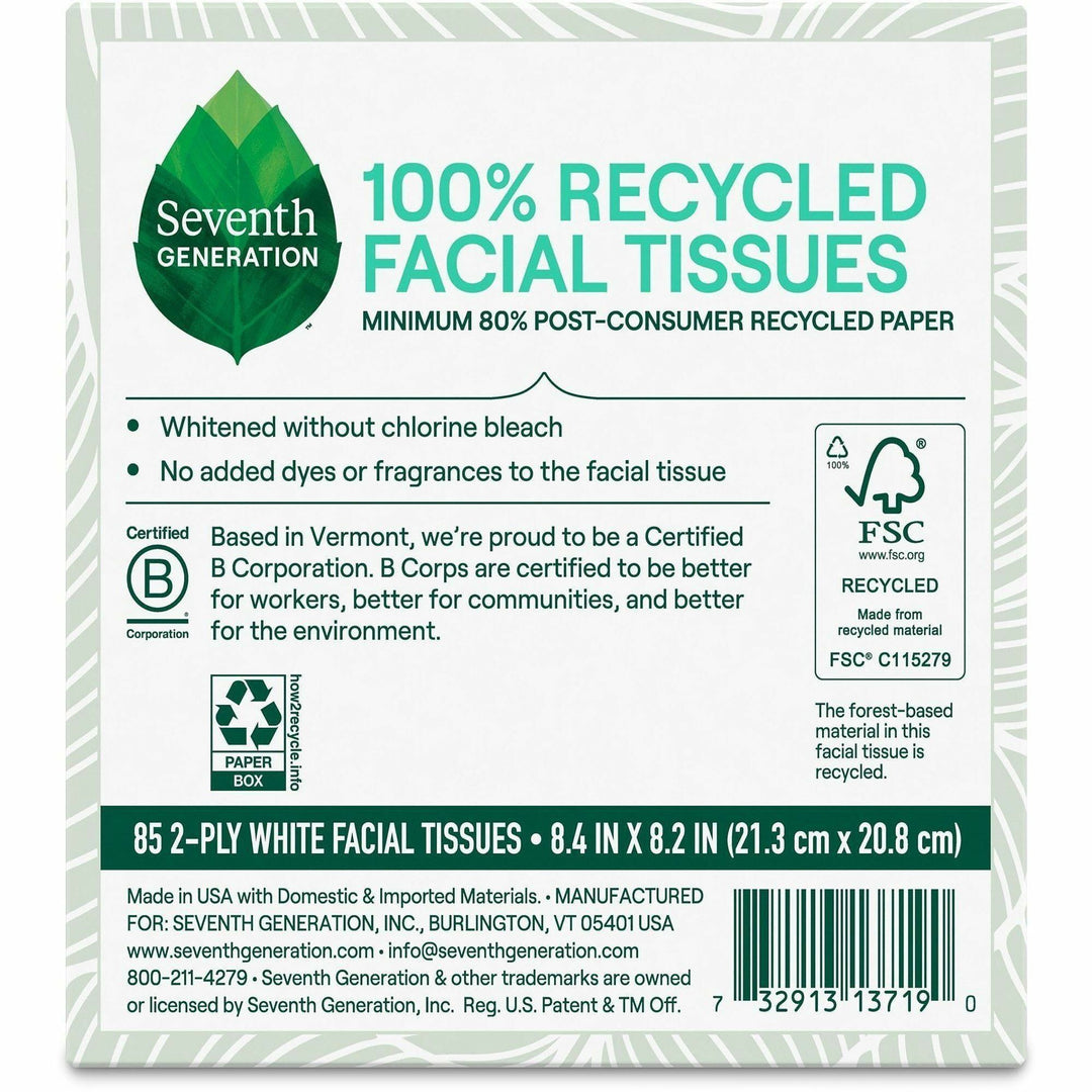 Image of Seventh Generation 13719 100% Recycled Facial Tissues, 2 Ply, White, Paper, 1 Box
