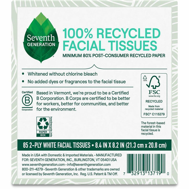 Image of Seventh Generation 13719 100% Recycled Facial Tissues, 2 Ply, White, Paper, 1 Box