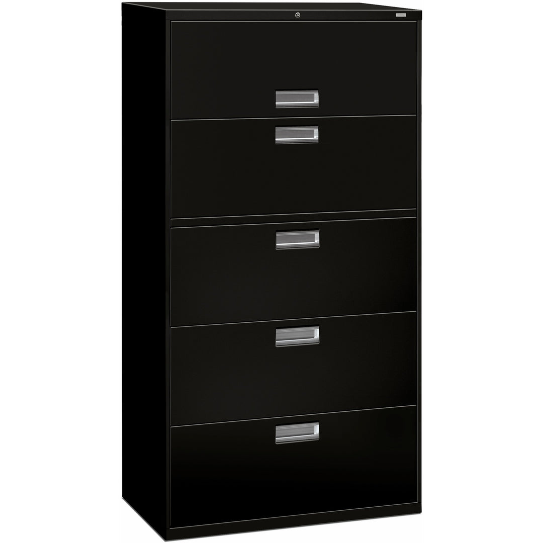 Image of HON® Brigade 600 Series Lateral File, 4 Legal/letter-Size File Drawers, 1 Roll-Out File Shelf, Black, 36" X 18" X 64.25"