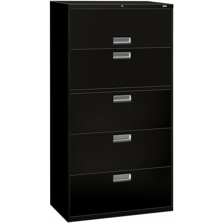 Image of HON® Brigade 600 Series Lateral File, 4 Legal/letter-Size File Drawers, 1 Roll-Out File Shelf, Black, 36" X 18" X 64.25"