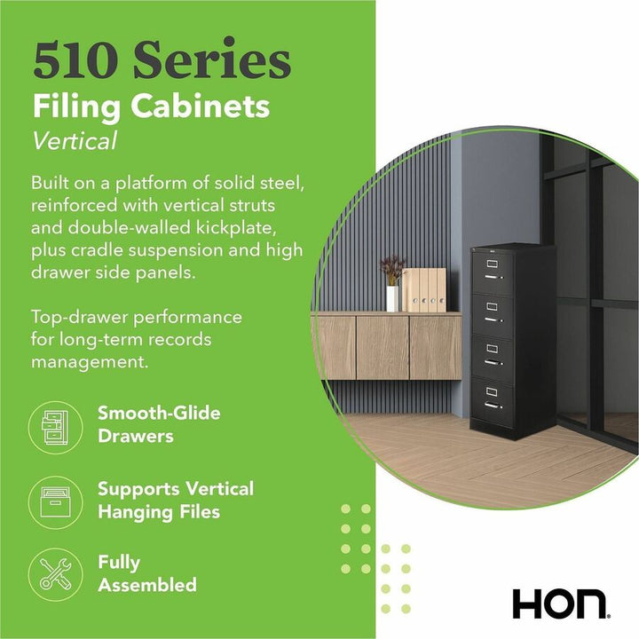 Image of HON® 510 Series Vertical File, 4 Letter-Size File Drawers, Black, 15" X 25" X 52"