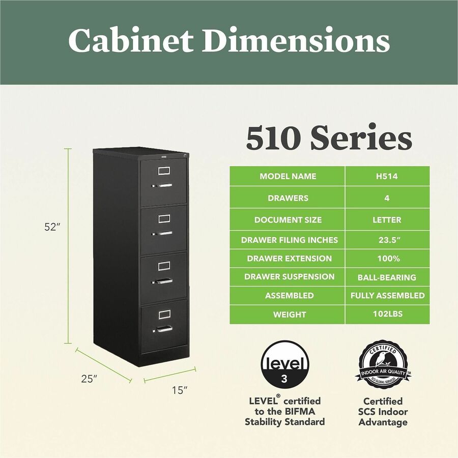 Image of HON® 510 Series Vertical File, 4 Letter-Size File Drawers, Black, 15" X 25" X 52"