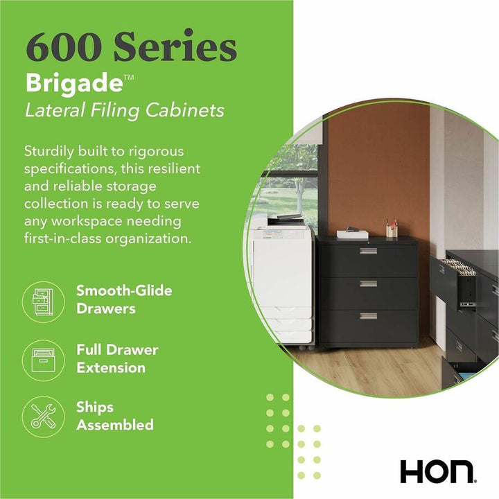 Image of HON® Brigade 600 Series Lateral File, 3 Legal/letter-Size File Drawers, Black, 36" X 18" X 39.13"