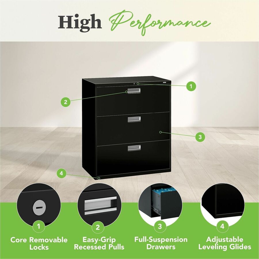 Image of HON® Brigade 600 Series Lateral File, 3 Legal/letter-Size File Drawers, Black, 36" X 18" X 39.13"