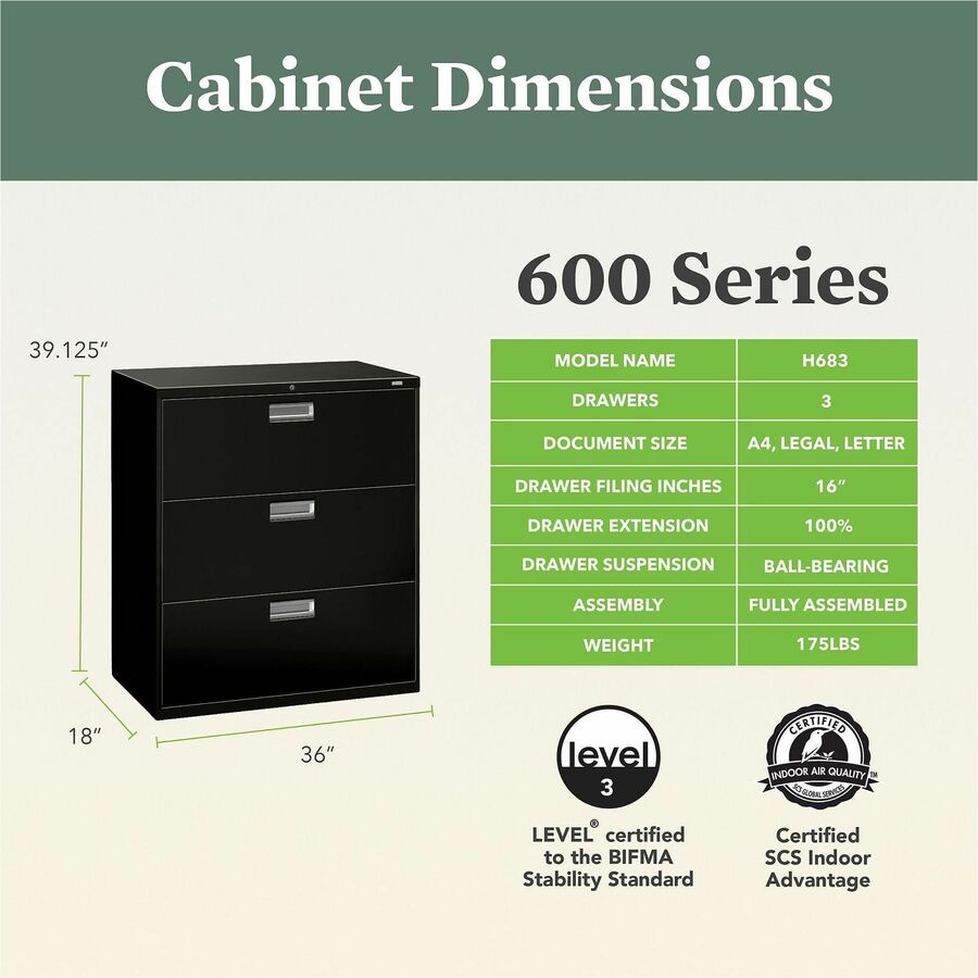 Image of HON® Brigade 600 Series Lateral File, 3 Legal/letter-Size File Drawers, Black, 36" X 18" X 39.13"