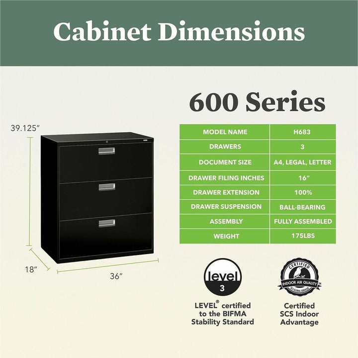 Image of HON® Brigade 600 Series Lateral File, 3 Legal/letter-Size File Drawers, Black, 36" X 18" X 39.13"