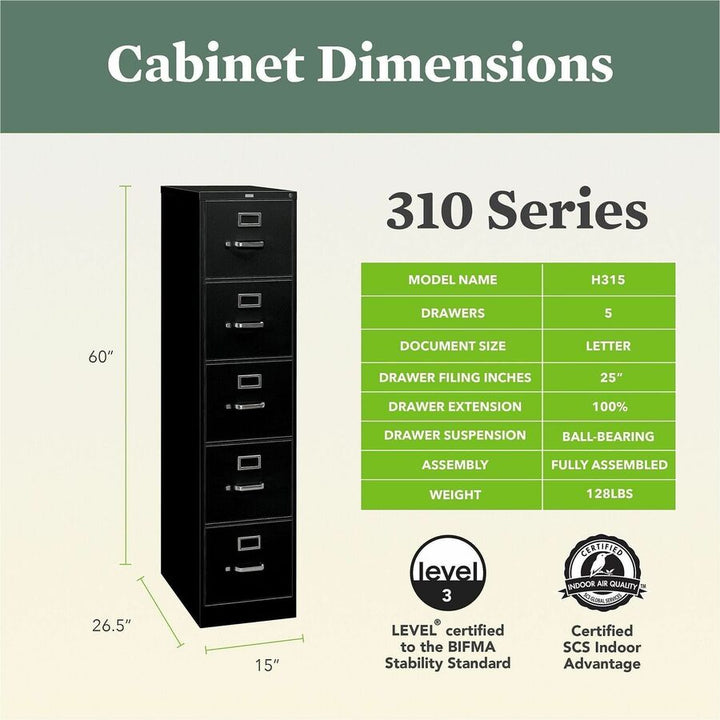 Image of HON® 310 Series Vertical File, 5 Letter-Size File Drawers, Black, 15" X 26.5" X 60"