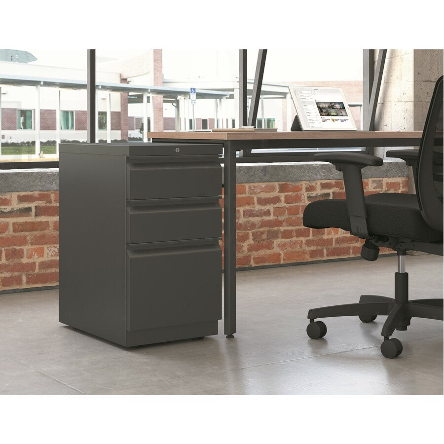 Image of HON® Brigade Mobile Pedestal With Pencil Tray Insert, Left/right, 3-Drawers: Box/box/file, Letter, Charcoal, 15" X 22.88" X 28"