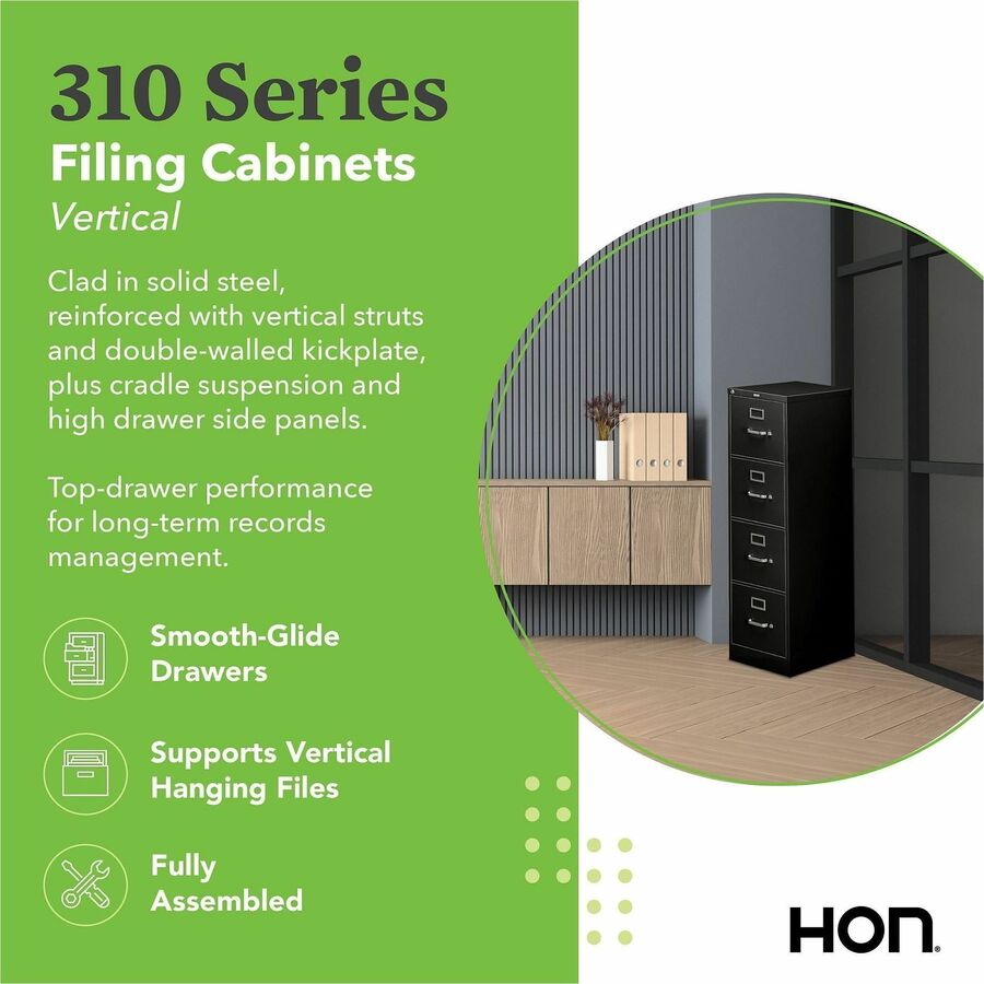 Image of HON® 310 Series Vertical File, 4 Letter-Size File Drawers, Black, 15" X 26.5" X 52"