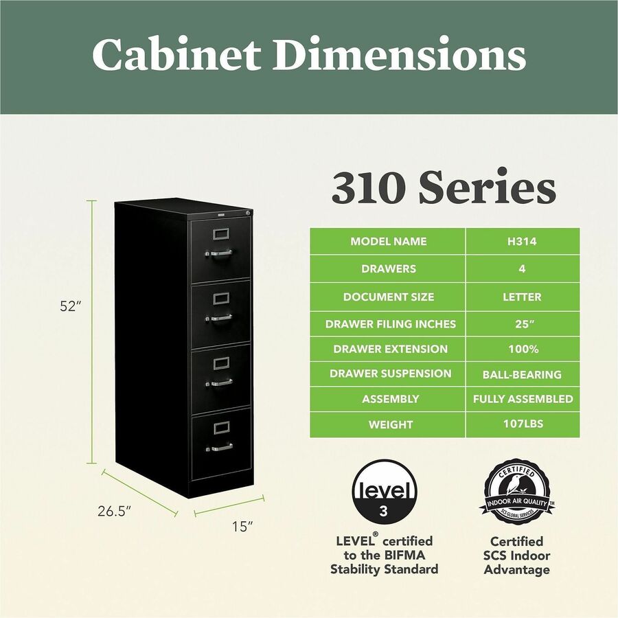 Image of HON® 310 Series Vertical File, 4 Letter-Size File Drawers, Black, 15" X 26.5" X 52"
