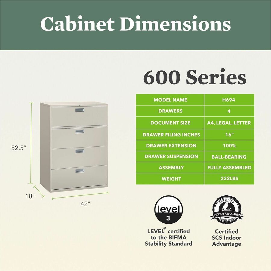 Image of HON® Brigade 600 Series Lateral File, 4 Legal/letter-Size File Drawers, Light Gray, 42" X 18" X 52.5"