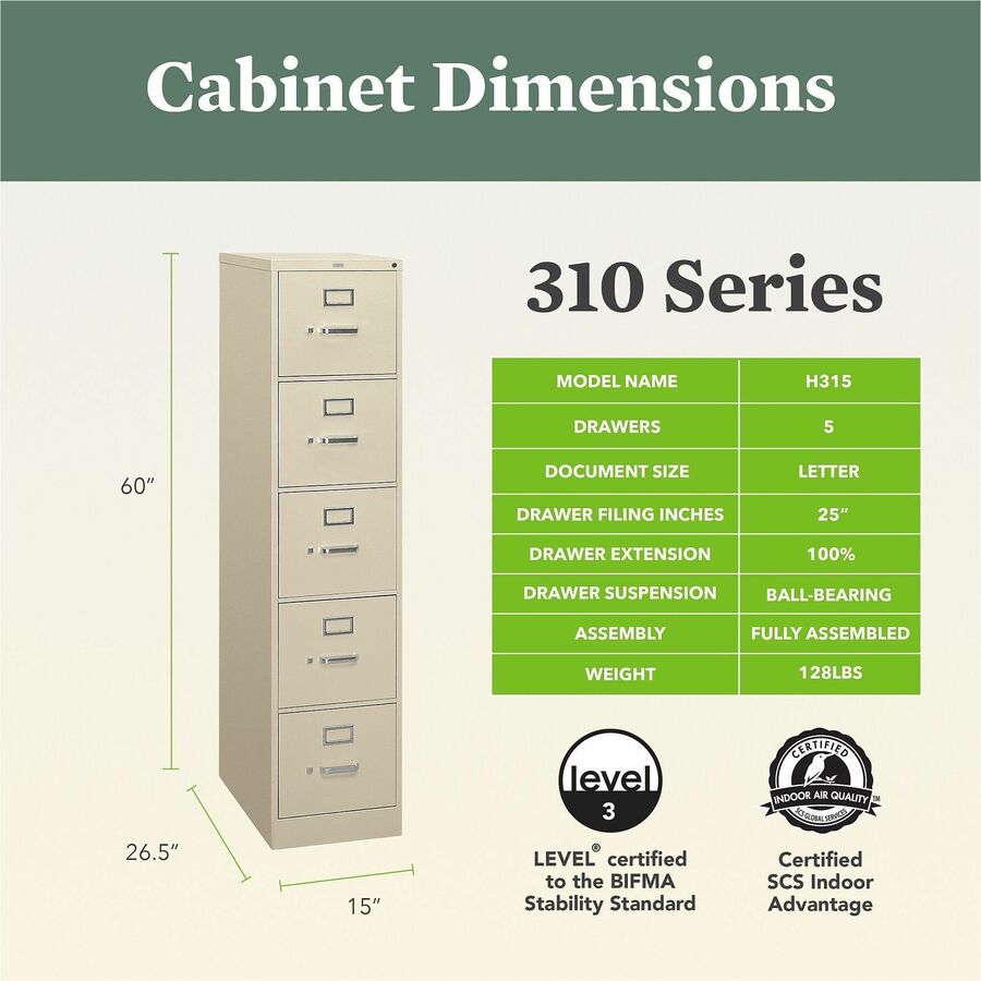Image of HON® 310 Series Vertical File, 5 Letter-Size File Drawers, Putty, 15" X 26.5" X 60"