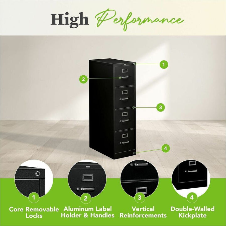 Image of HON® 310 Series Vertical File, 4 Legal-Size File Drawers, Black, 18.25" X 26.5" X 52"