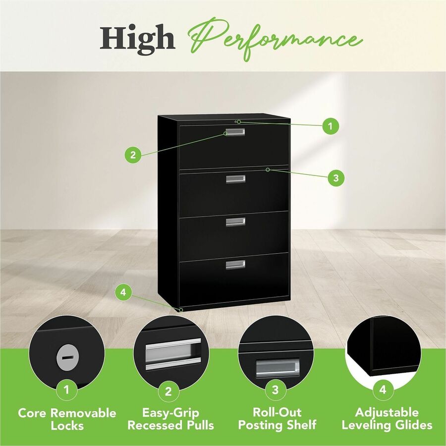 Image of HON® Brigade 600 Series Lateral File, 4 Legal/letter-Size File Drawers, Black, 36" X 18" X 52.5"