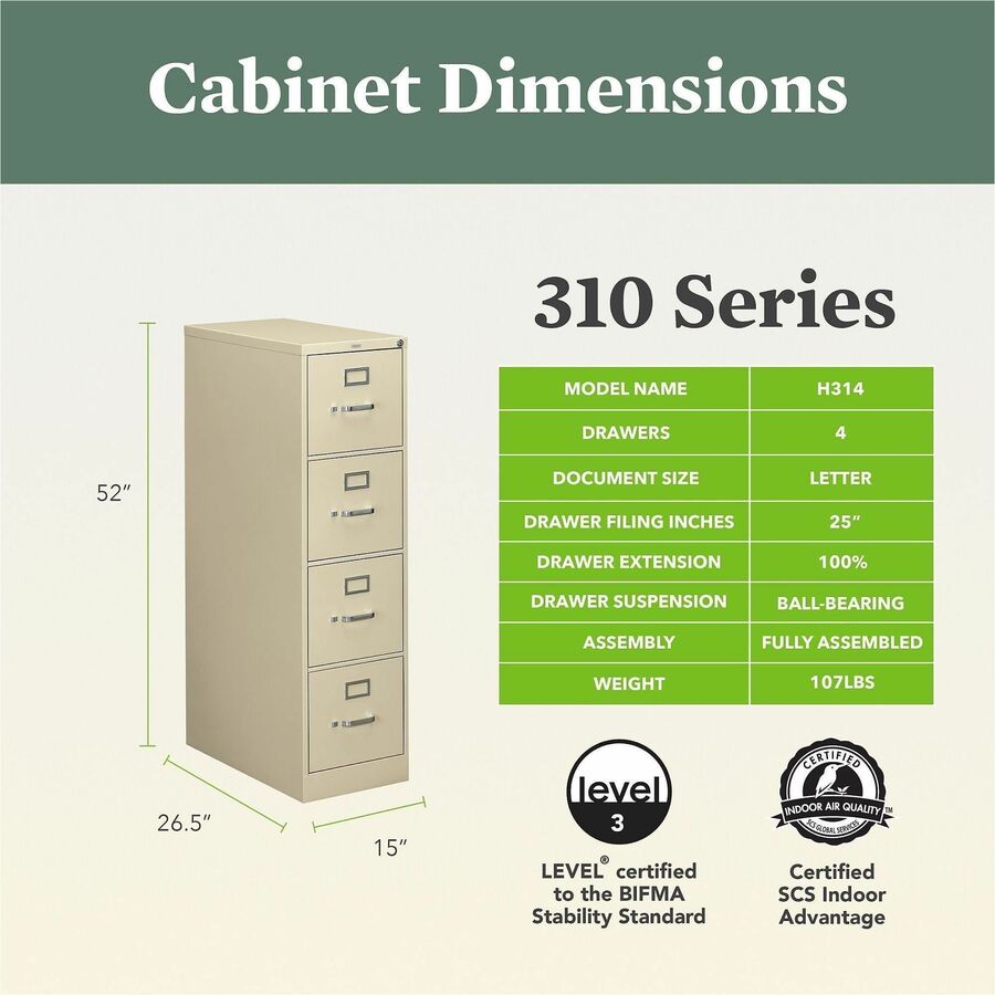 Image of HON® 310 Series Vertical File, 4 Legal-Size File Drawers, Putty, 18.25" X 26.5" X 52"