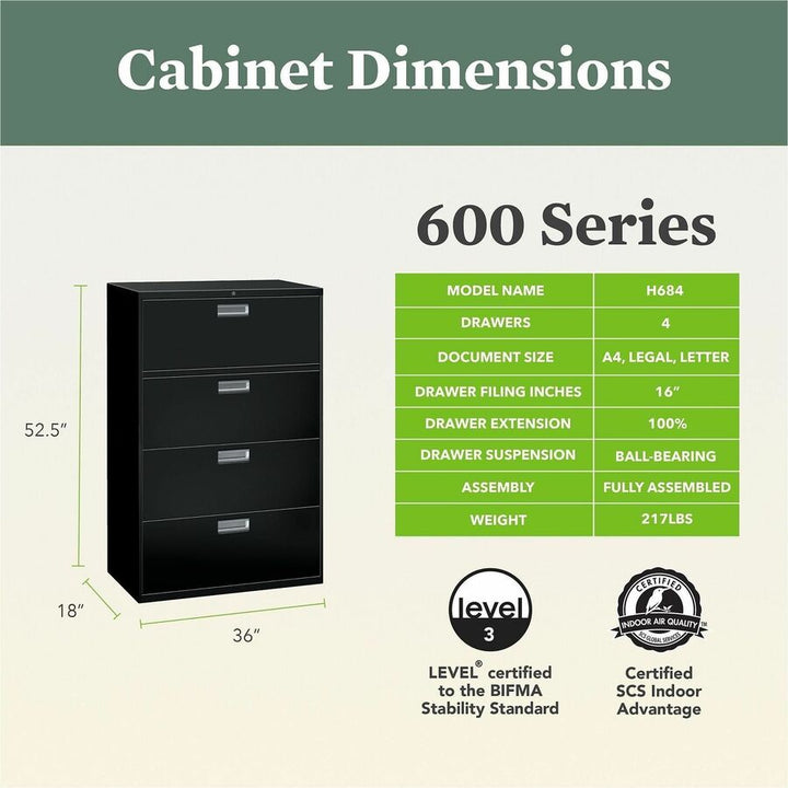 Image of HON® Brigade 600 Series Lateral File, 4 Legal/letter-Size File Drawers, Putty, 36" X 18" X 52.5"