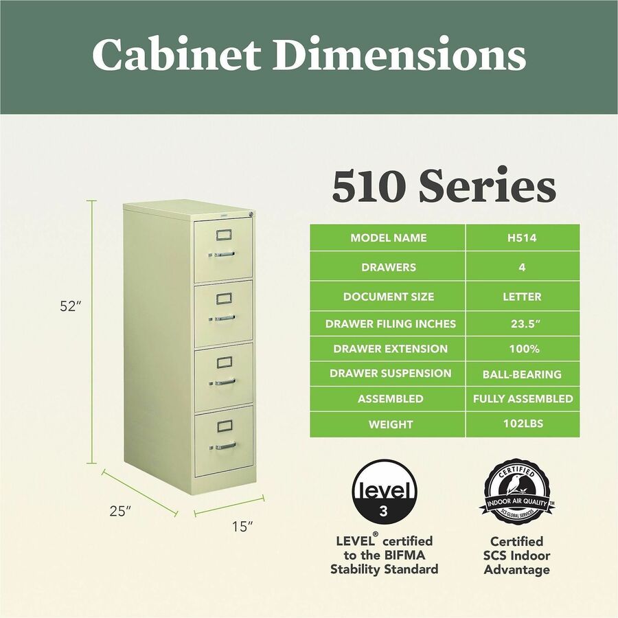 Image of HON® 510 Series Vertical File, 4 Letter-Size File Drawers, Putty, 15" X 25" X 52"