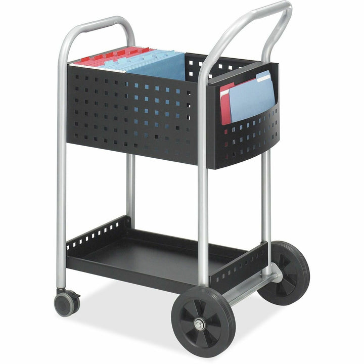 Image of Safco® Scoot Dual-Purpose Mail and Filing Cart, Metal, 1 Shelf, 2 Bins, 22" x 27" x 40.5", Black/Silver