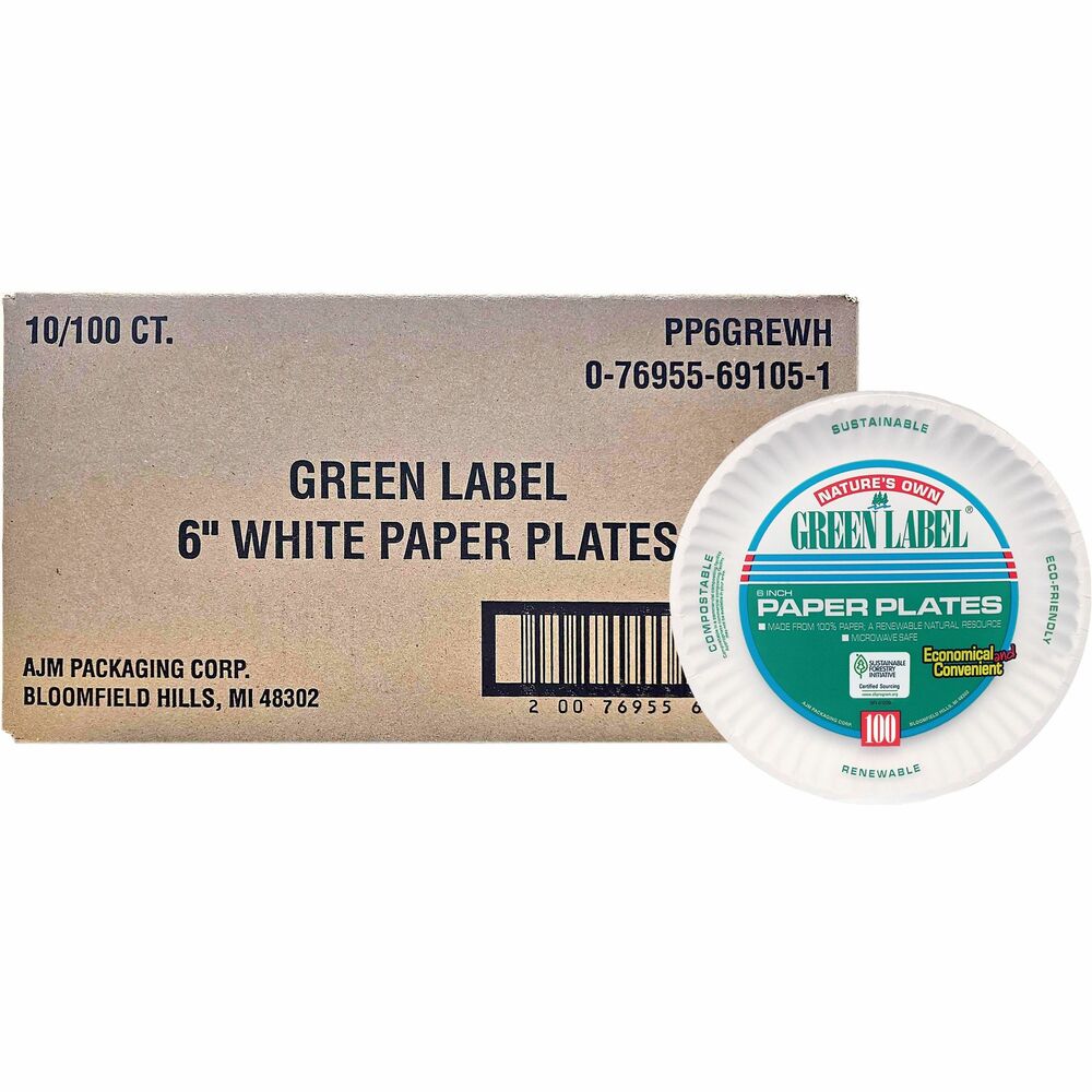 Image of AJM Packaging Paper Plates, Uncoated, 6" Plate, 1000/CT, White