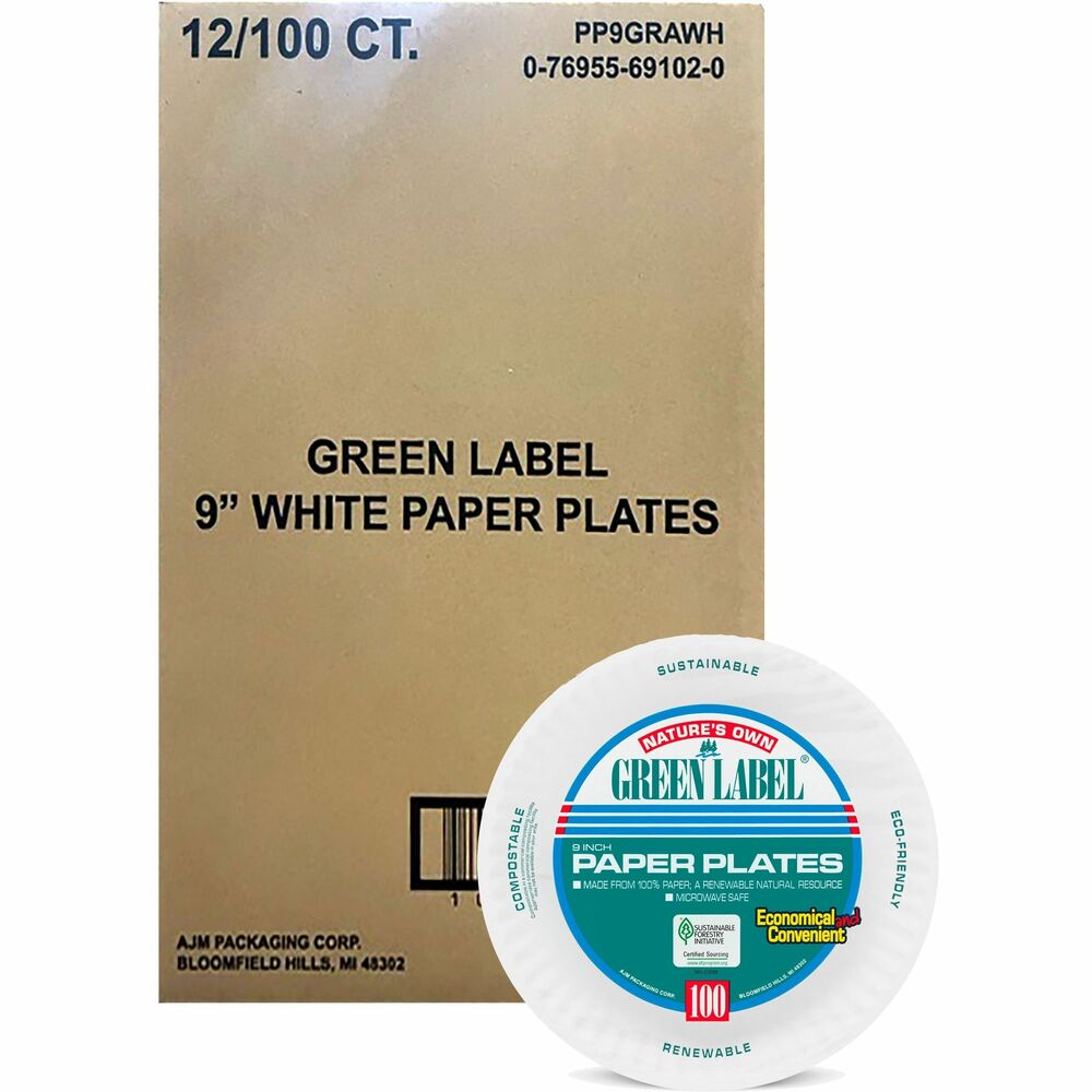 Image of AJM Packaging Paper Plates, Uncoated, 9" Plate, 1200/CT, White