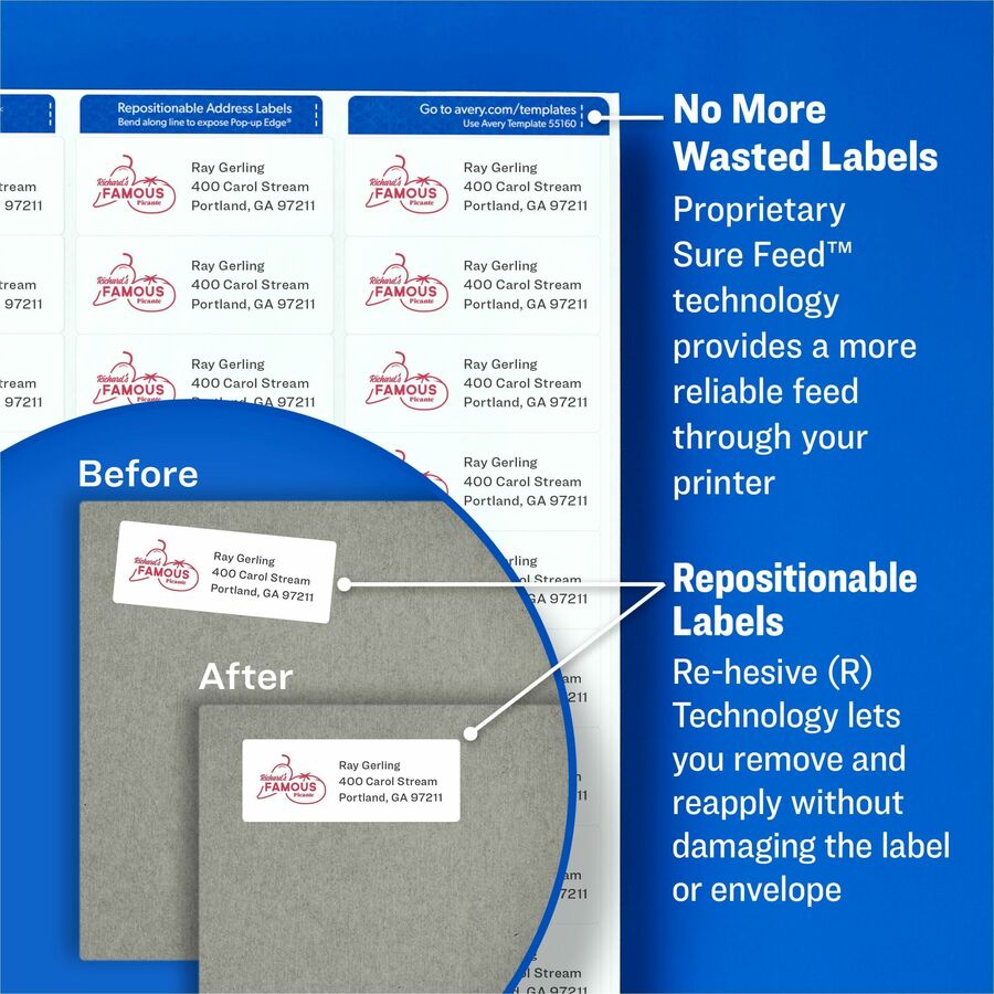 Image of Avery® 58160 Repositionable Address Labelss, Sure Feed Technology