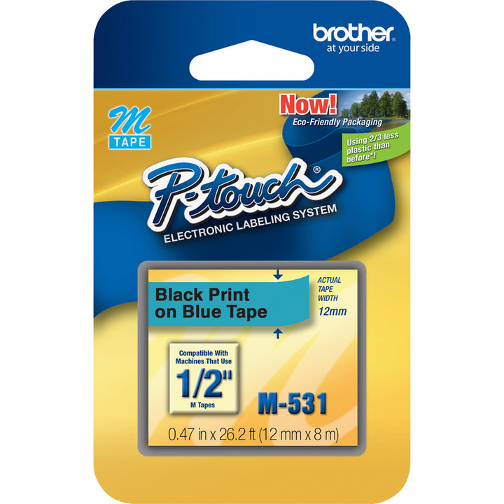 Image of P-touch M531 P-touch Nonlaminated M Series Tape Cartridge, 1/2" W x 26 1/5 ft Length, Rectangle, Blue, Black, 1 Each