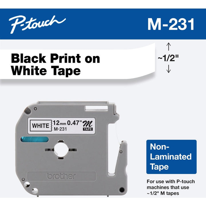 Image of P-touch M231 P-touch Nonlaminated M Series Tape Cartridge, x 1/2" Width, Direct Thermal, White, 1 Each