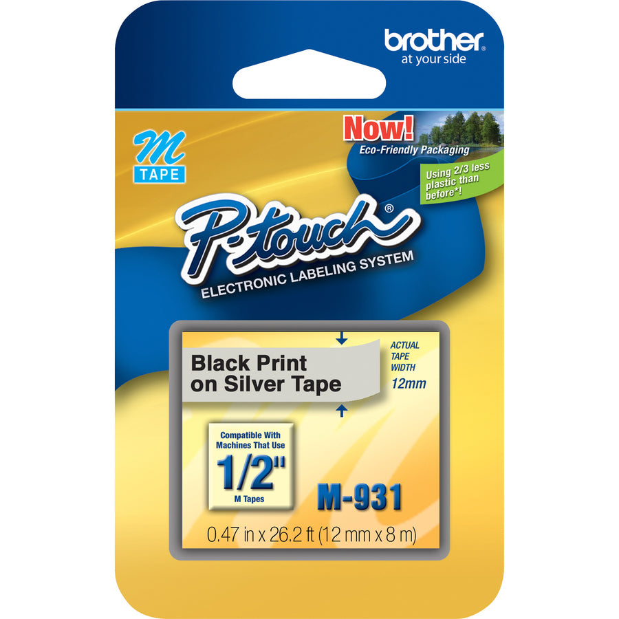 Image of Brother M931 P-touch Nonlaminated M Series Tape Cartridge, x 1/2" Width, Direct Thermal, Silver, 1 Each