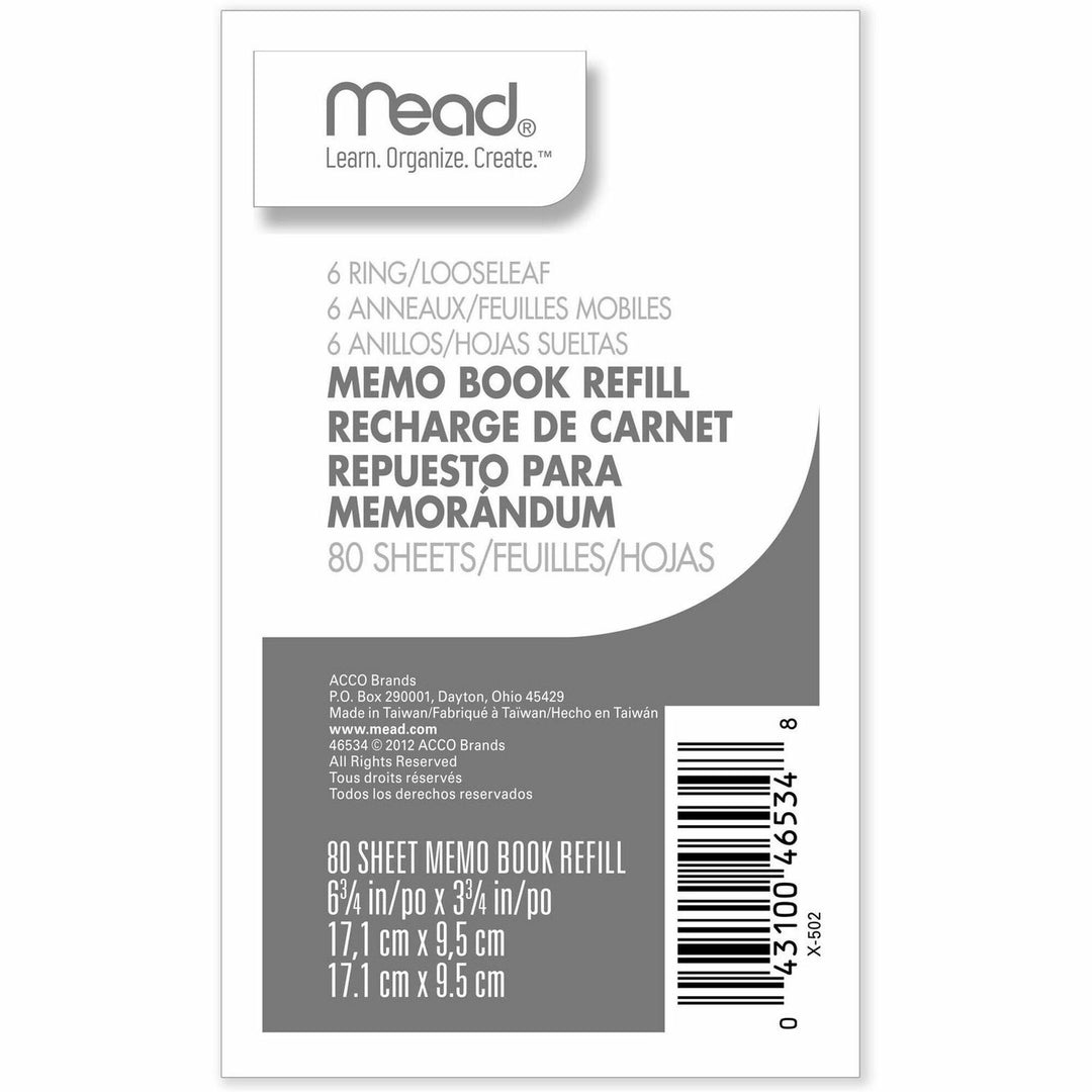 Image of Mead® Memo Book Refill,Narrow Ruled,6HP,6-3/4"x3-3/4",80 Sh,White