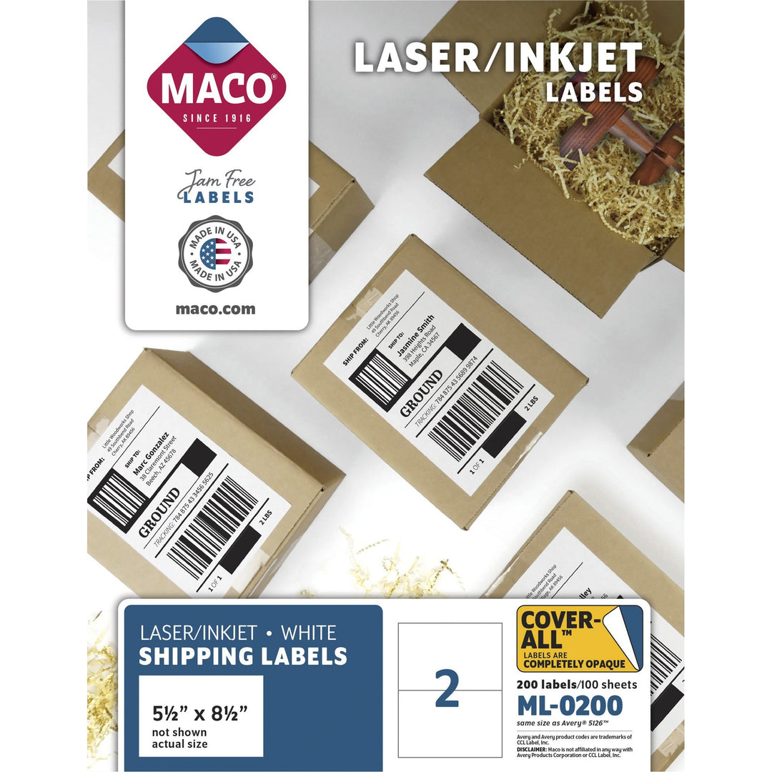 Image of MACO® Cover-All Opaque Laser/inkjet Shipping Labels, Internet Format, 5.5 X 8.5, White, 2 Labels/sheet, 100 Sheets/box