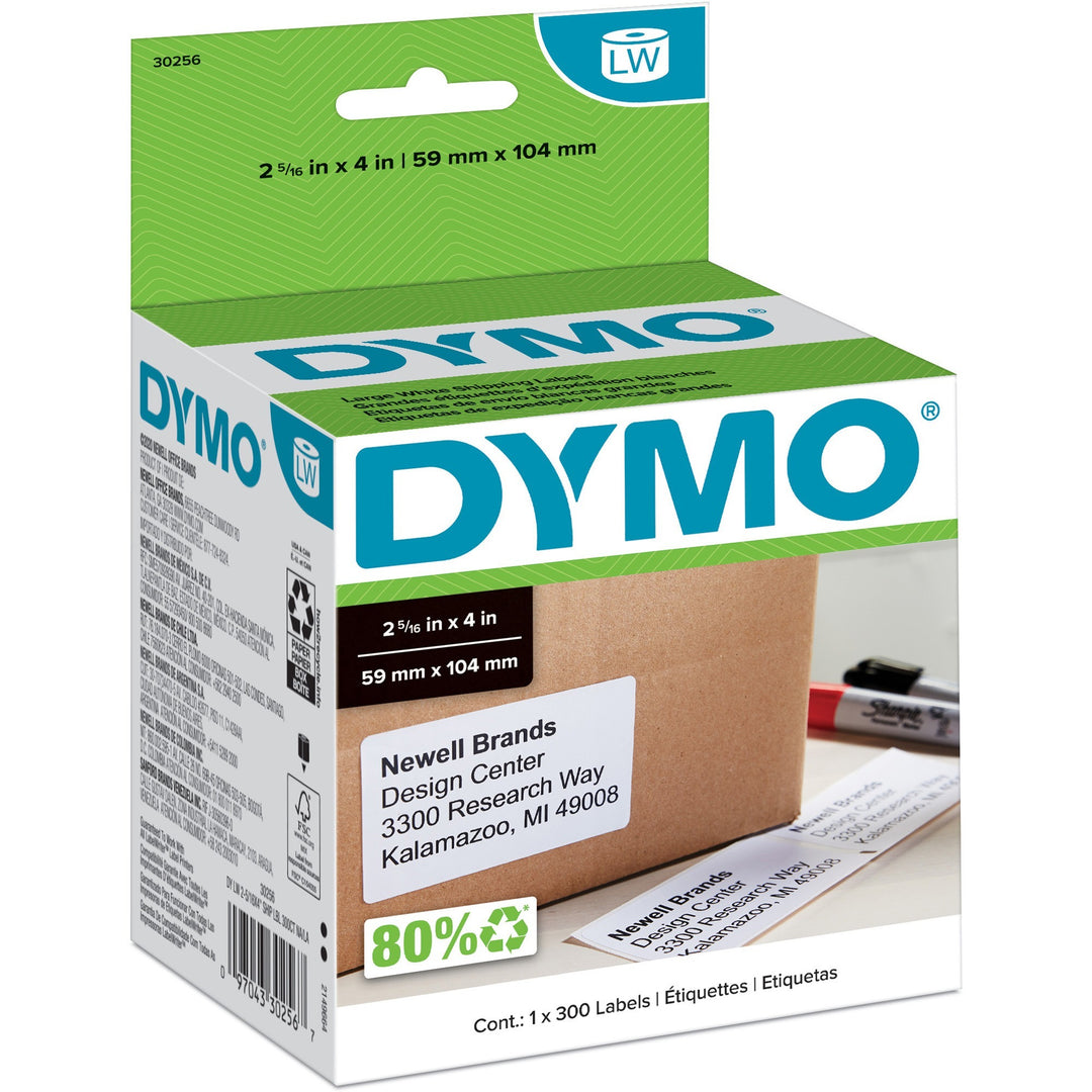 Image of Dymo 30256 LabelWriter Large Shipping Labels, 2 5/16" W x 4" Length, Rectangle, Direct Thermal, White, 300 / Roll, 1 Roll