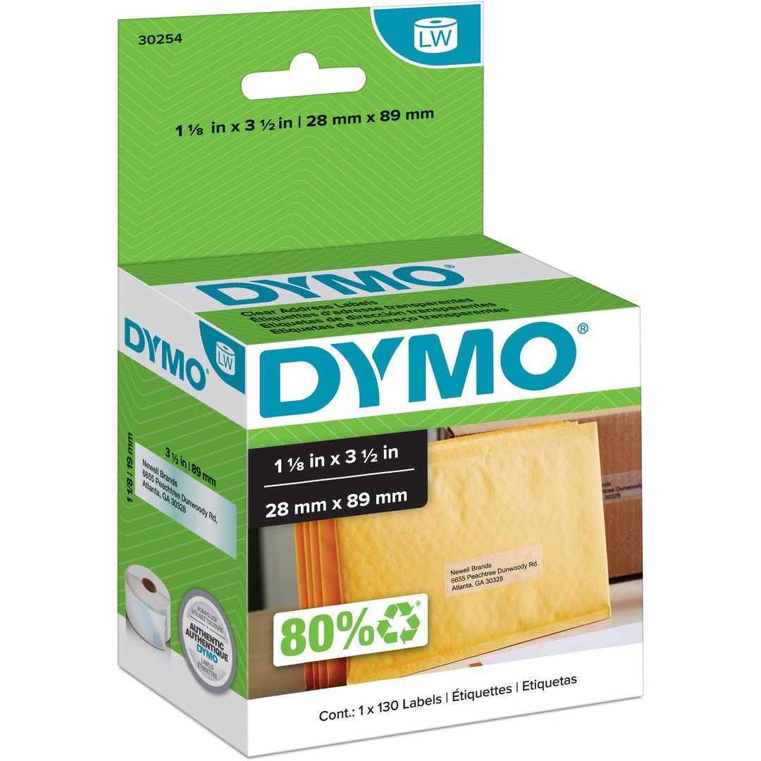 Image of Dymo 30254 Clear Address Labels, 1 1/8" W x 3 1/2" Length, Rectangle, Direct Thermal, Clear, 130 / Roll, 130 / Roll