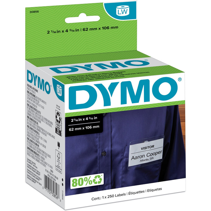 Image of Dymo 30856 Non-Adhesive LabelWriter Name Badge Labels, 2 7/16" W x 4 3/16" Length, Rectangle, White, 250 / Roll, 250 / Roll