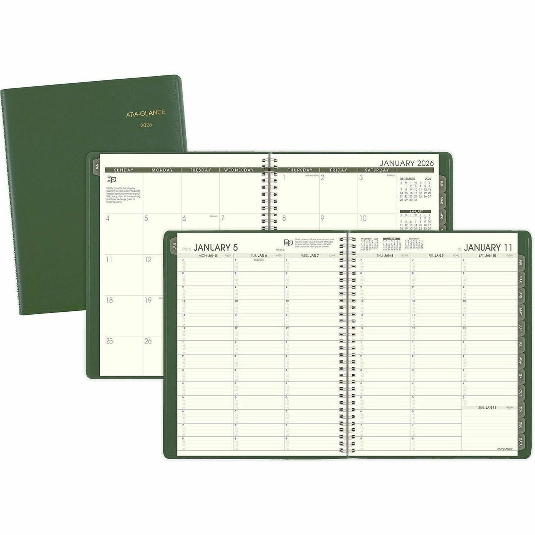 Image of AT-A-GLANCE® Recycled Weekly Vertical-Column Format Appointment Book, 11 x 8.25, Green Cover, 12-Month (Jan to Dec): 2025