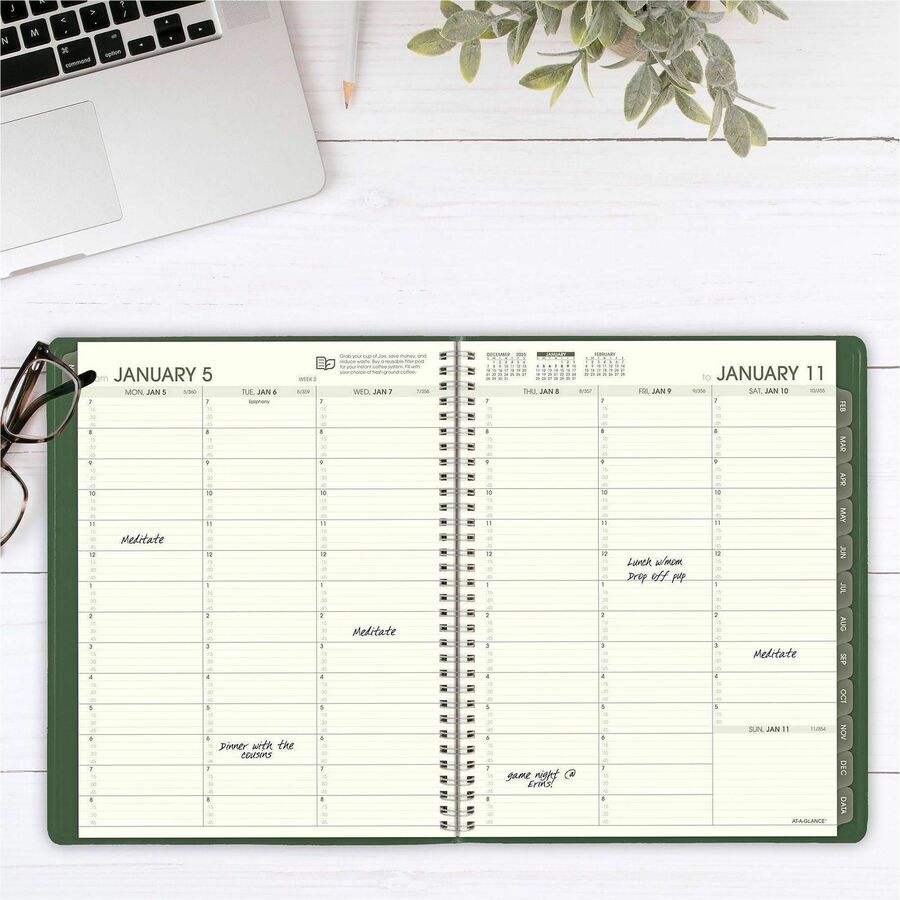 Image of AT-A-GLANCE® Recycled Weekly Vertical-Column Format Appointment Book, 11 x 8.25, Green Cover, 12-Month (Jan to Dec): 2025