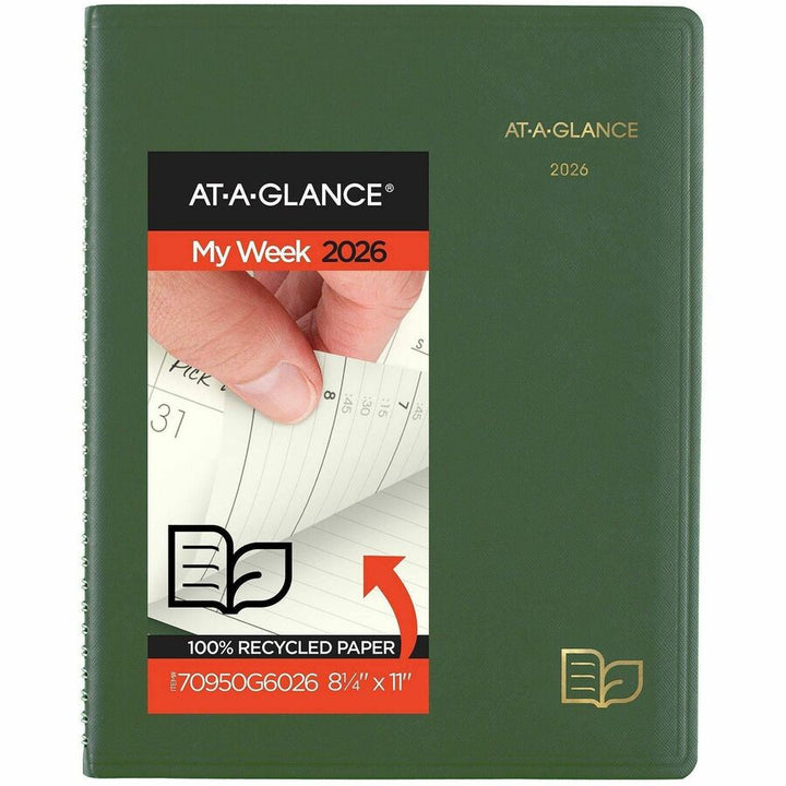 Image of AT-A-GLANCE® Recycled Weekly Vertical-Column Format Appointment Book, 11 x 8.25, Green Cover, 12-Month (Jan to Dec): 2025