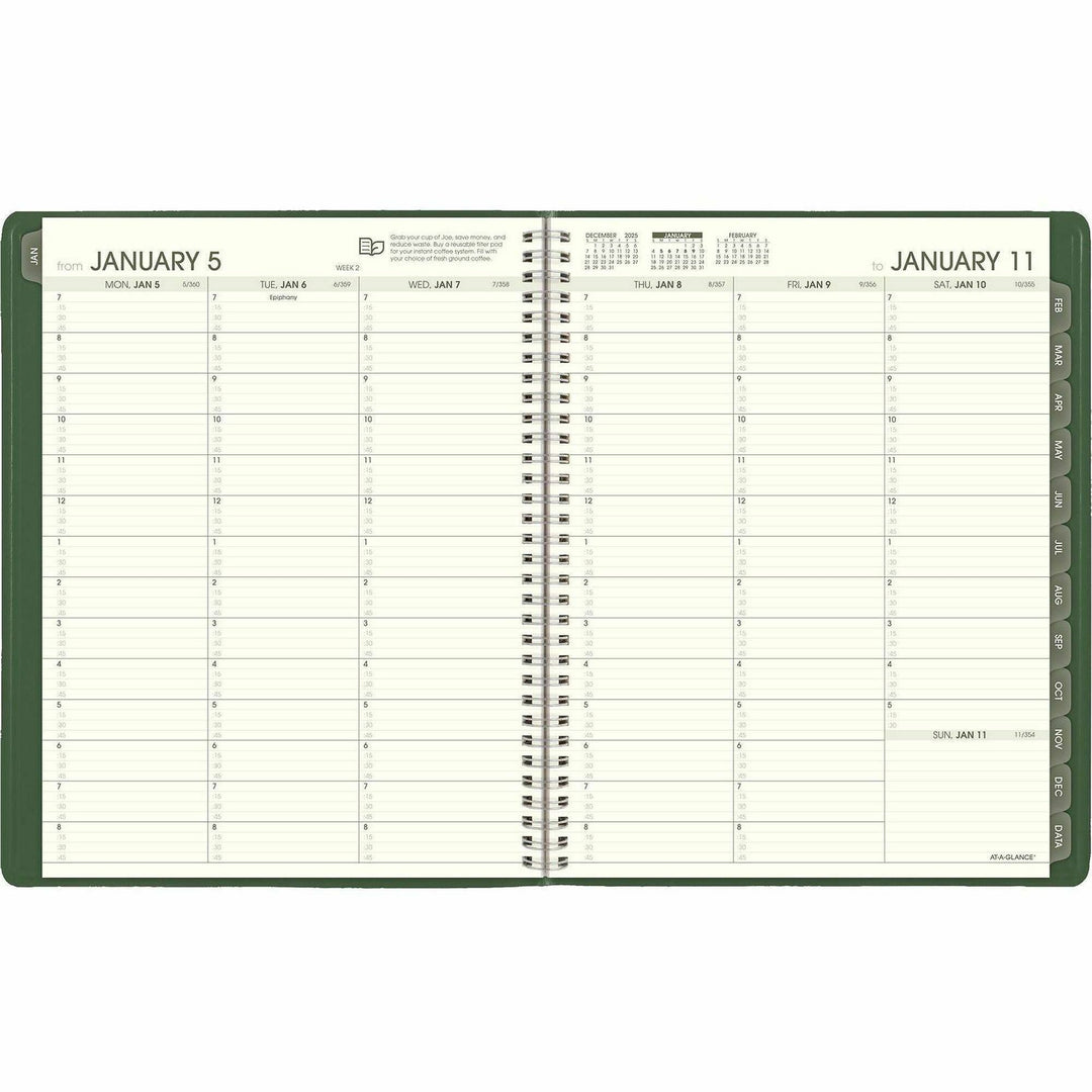 Image of AT-A-GLANCE® Recycled Weekly Vertical-Column Format Appointment Book, 11 x 8.25, Green Cover, 12-Month (Jan to Dec): 2025