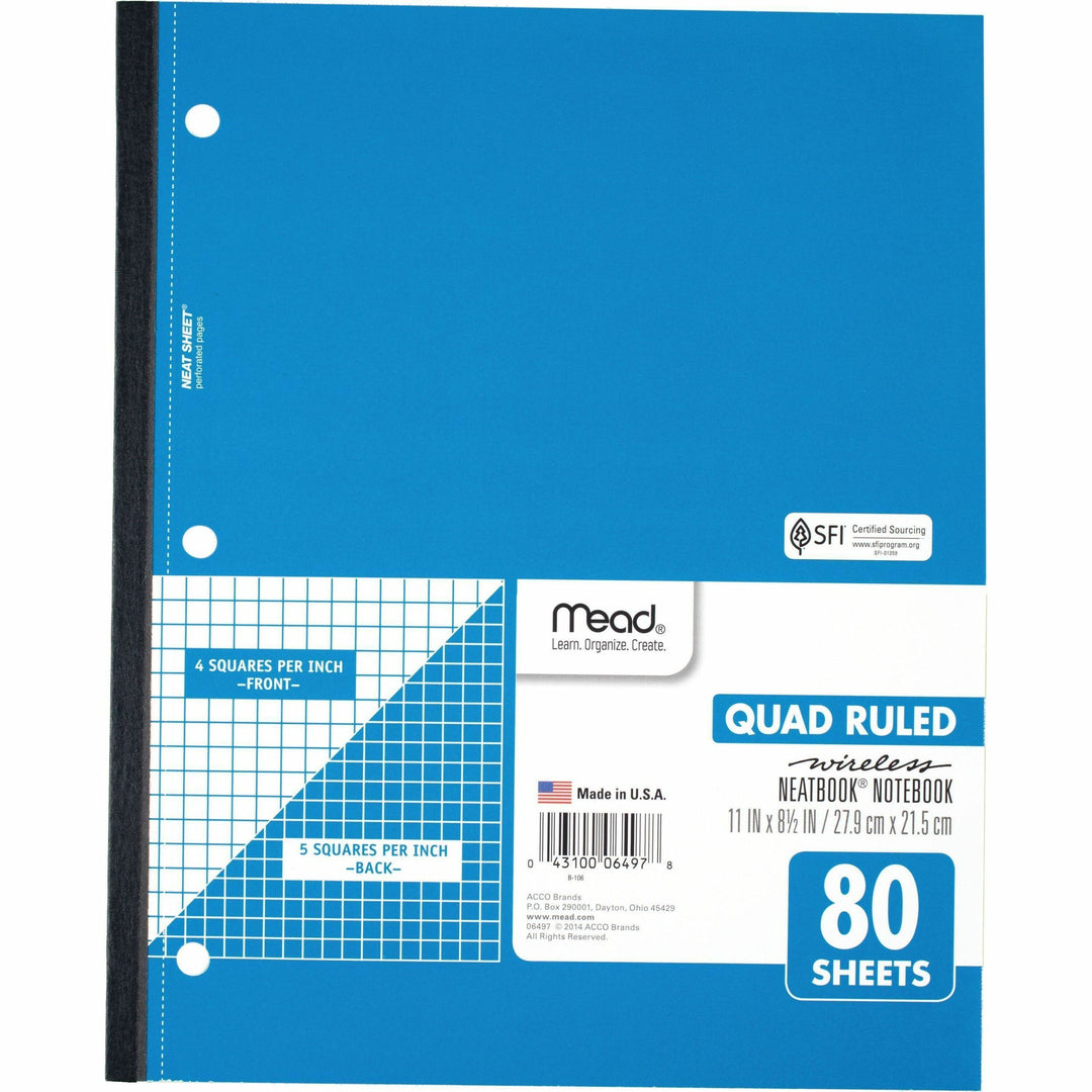 Image of Mead® Wireless Notebook,1-Sub,Quad Rule,11"x8-1/2",80 Shts,WE