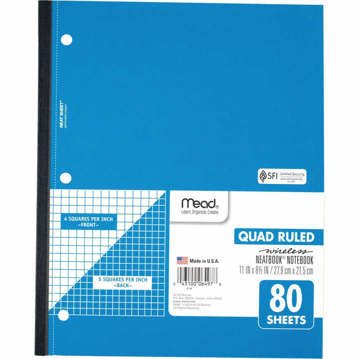 Image of Mead® Wireless Notebook,1-Sub,Quad Rule,11"x8-1/2",80 Shts,WE