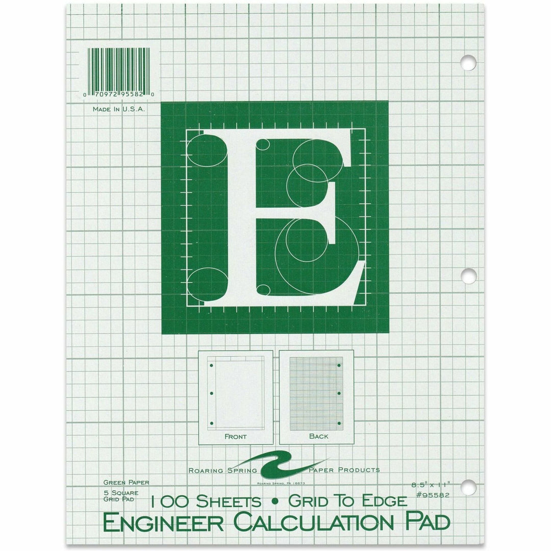 Image of Roaring Spring® Engineering Pad,5"x5" Quad,3HP,100 Shts,11"x8-1/2",Green