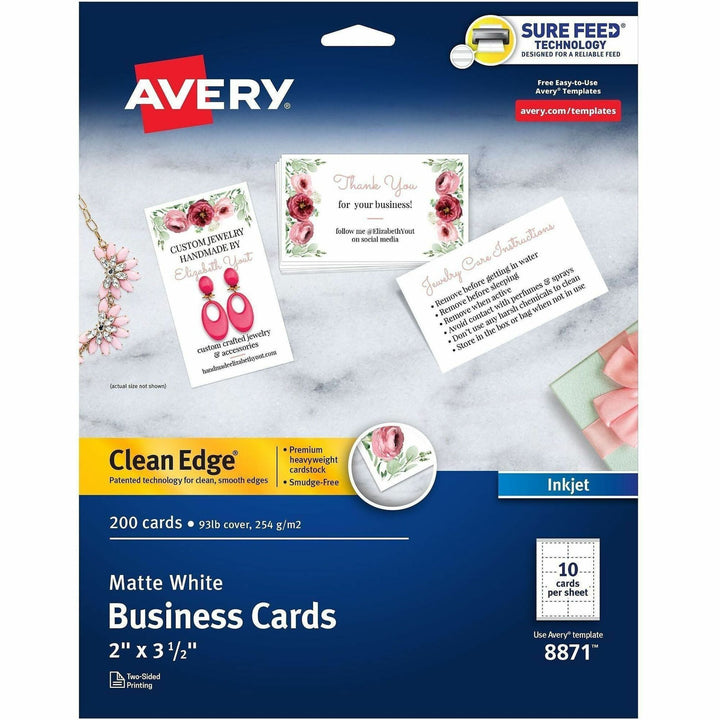 Image of Avery® True Print Clean Edge Business Cards, Inkjet, 2 X 3.5, White, 200 Cards, 10 Cards/sheet, 20 Sheets/pack